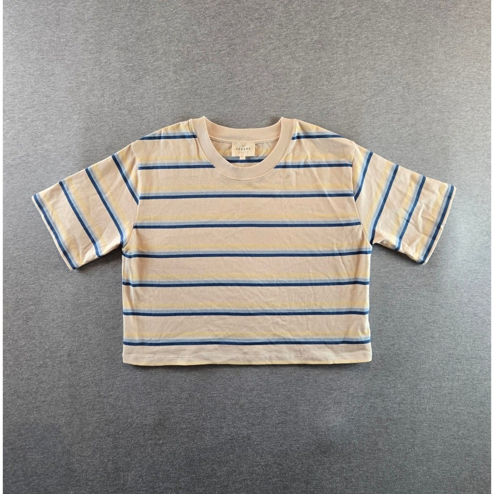 Sezane Marlo Shirt Women Large Beige Blue Striped Cropped Organic Cotton Tee